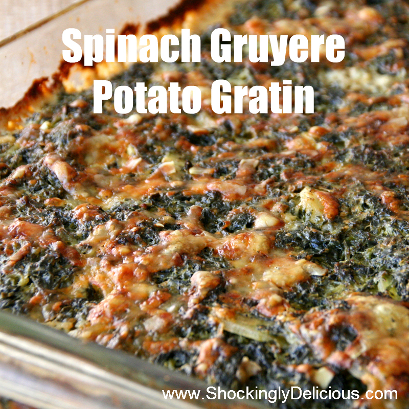 Spinach Gruyere Potato Gratin closeup with a browned crusty top