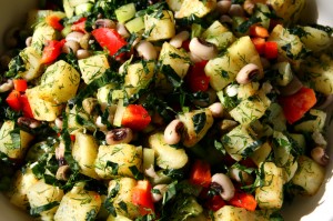 New Year's Hoppin' John Potato Salad. Recipe here: https://www.shockinglydelicious.com/?p=10840