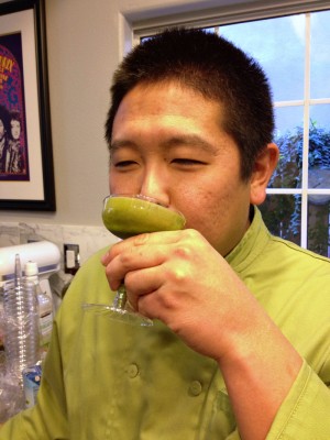 Chef Garrett Nishimori of San Miguel Produce tasting a Kale Margarita