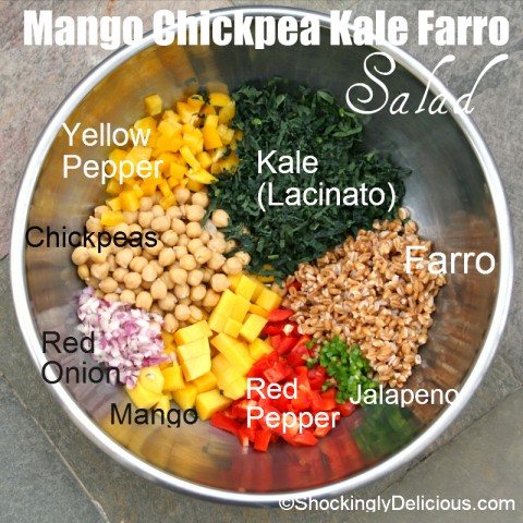 Ingredients for Vegan Mango Chickpea Kale Farro Salad on Shockingly Delicious. Recipe: https://www.shockinglydelicious.com/?p=11106