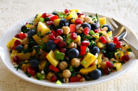 Vegan Mango Chickpea Kale Farro Salad on ShockinglyDelicious.com