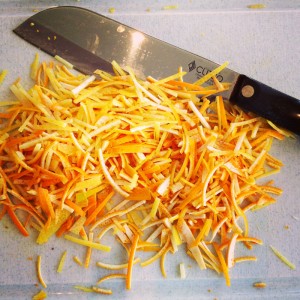 Lemon peel shreds for Meyer Lemon Marmalade on Shockingly Delicious