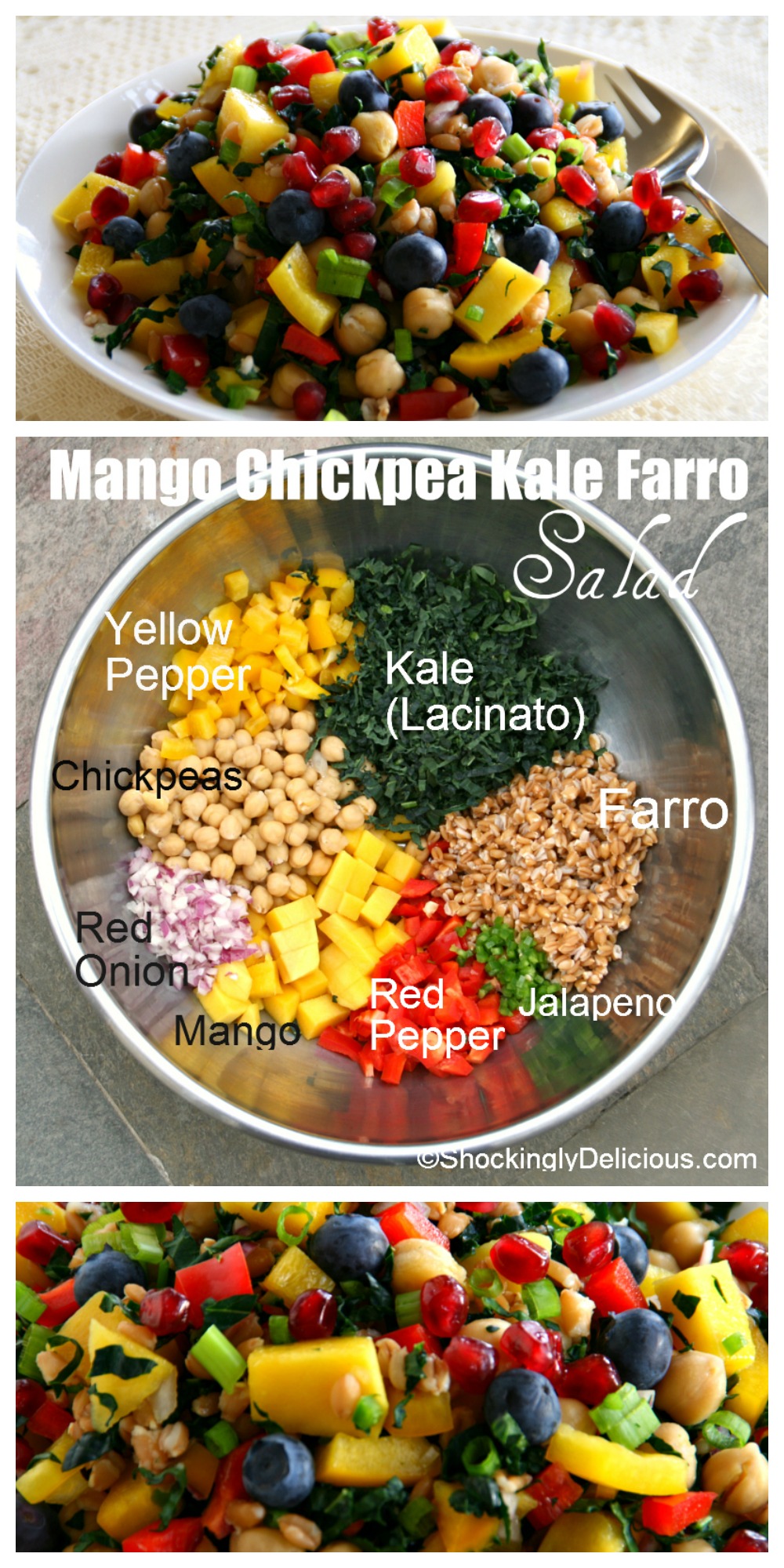 Mango Chickpea Kale Farro Salad recipe on ShockinglyDelicious.com Mango Chickpea Kale Farro Salad recipe on ShockinglyDelicious.com