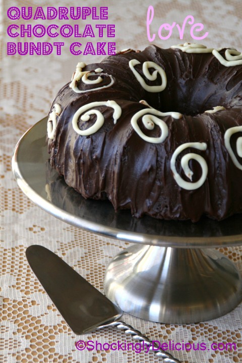 Quadruple Chocolate Bundt Cake for Valentine's Day on ShockinglyDelicious. Recipe: https://www.shockinglydelicious.com/?p=11451