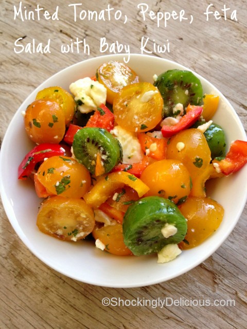 Minted Tomato, Pepper, Feta Salad with Baby Kiwi on Shockingly Delicious