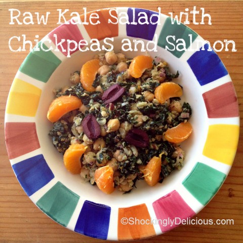 Raw Kale Salad with Chickpeas and Salmon on Shockingly Delicious. Recipe: https://www.shockinglydelicious.com/?p=11792