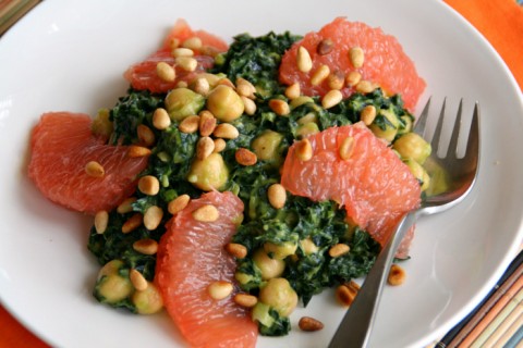 Kale Salad with Garbanzos, Grapefruit and Pine Nuts in Avocado Dressing on Shockingly Delicious