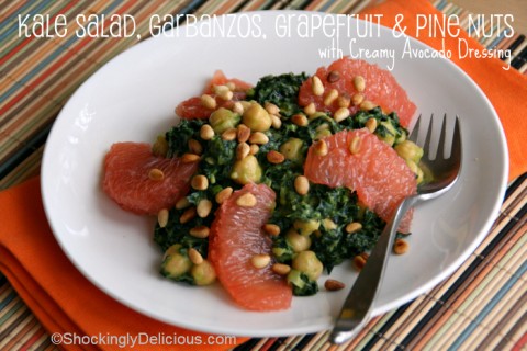 Kale Salad with Garbanzos, Grapefruit and Pine Nuts in Avocado Dressing on Shockingly Delicious