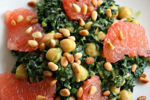 Kale Salad with Garbanzos, Grapefruit and Pine Nuts in Avocado Dressing on Shockingly Delicious