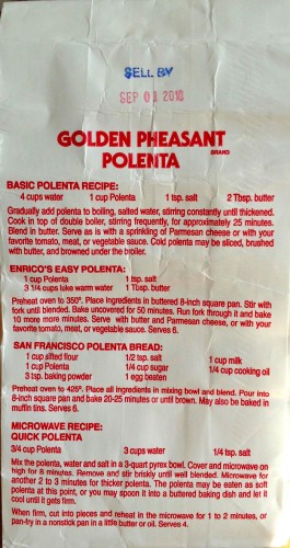 Easy Oven Polenta on back of Golden Pheasant bag 