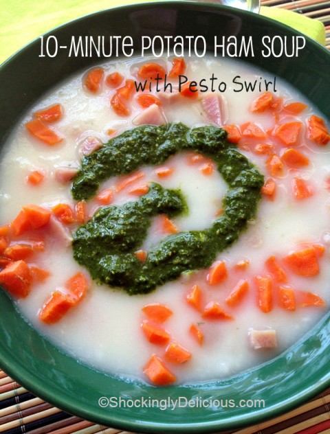 10-Minute Potato Ham Soup with Pesto Swirl on Shockingly Delicious