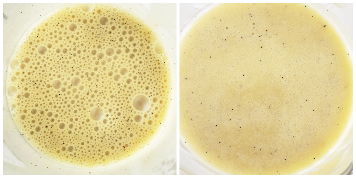 shot on left shows dressing with bubbles, shot on right shows dressing with no bubbles 