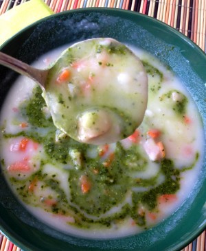 10-Minute Potato Ham Soup with Pesto Swirl on Shockingly Delicious