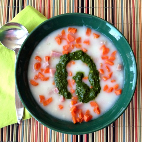 10-Minute Potato Ham Soup with Pesto Swirl on Shockingly Delicious