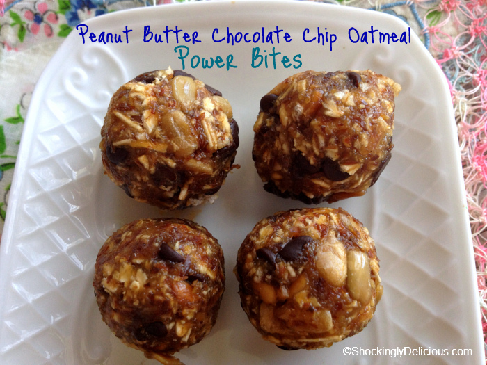 4 Peanut Butter Chocolate Chip Oatmeal Power Bites on a white plate
