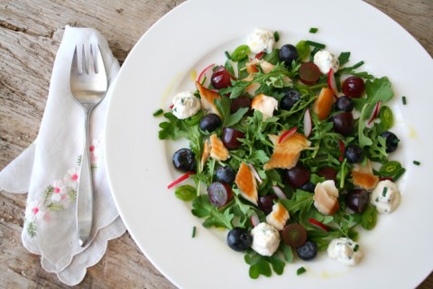 Smoked Trout Arugula Salad with Grapes and Blueberries on Shockingly Delicious