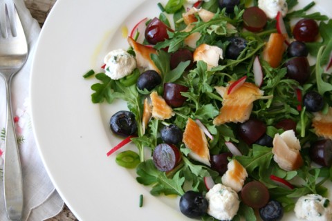 Smoked Trout Arugula Salad with Grapes and Blueberries on Shockingly Delicious
