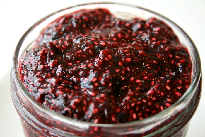 Raw Blueberry-Blackberry Chia Jam in a glass jar