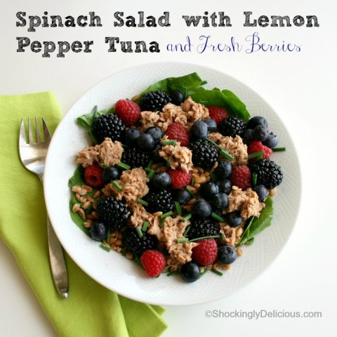 Spinach Salad with Lemon Pepper Tuna and Fresh Berries on Shockingly Delicious