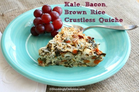 Wedge of Kale Bacon Brown Rice Crustless Quiche on a turquoise plate 