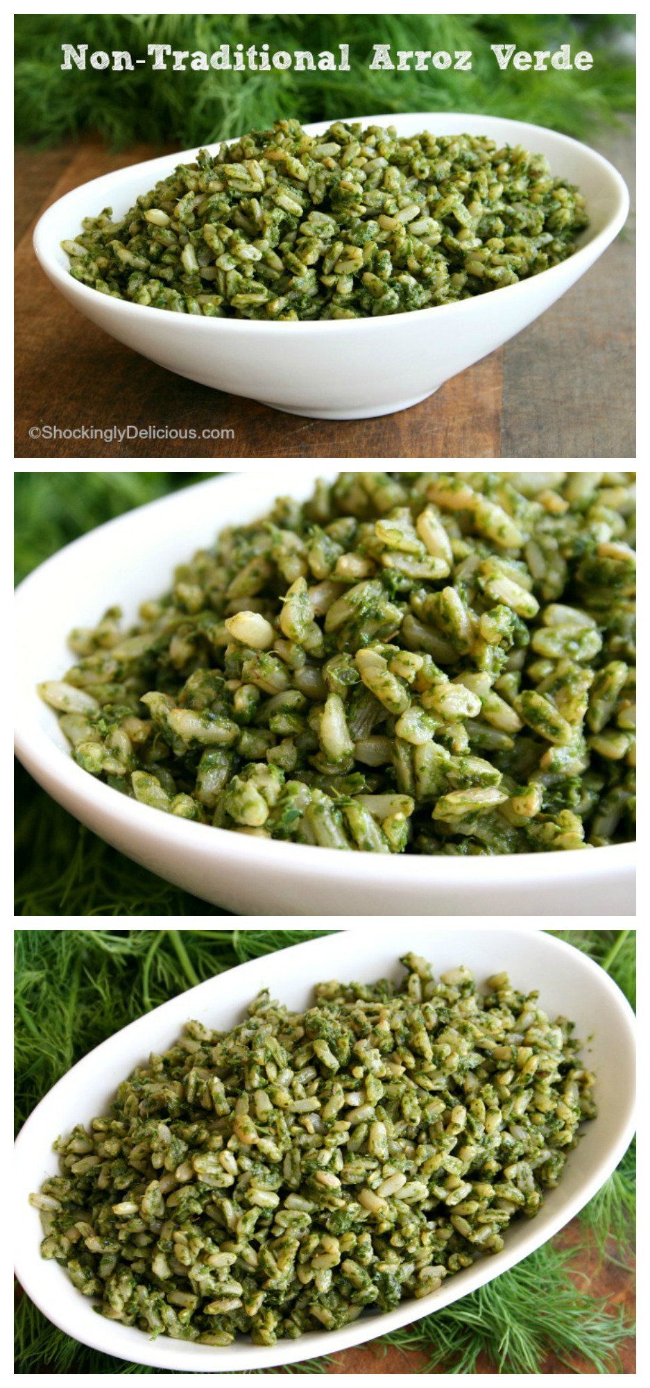 Arroz Verde in a white bowl on a dark background on ShockinglyDelicious.com