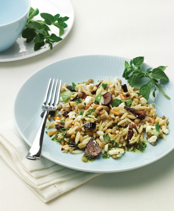 Orzo Lentil Fig Salad on a light blue plate with a sprig of green herbs at the top and a fork along the left side of the plate