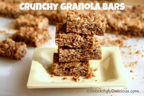 Crunchy Granola Bars (Better than Nature Valley) stacked 4 high on a plate on Shockingly Delicious