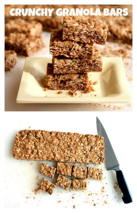 Crunchy Granola Bars stacked on a plate and cut on a cutting board on Shockingly Delicious