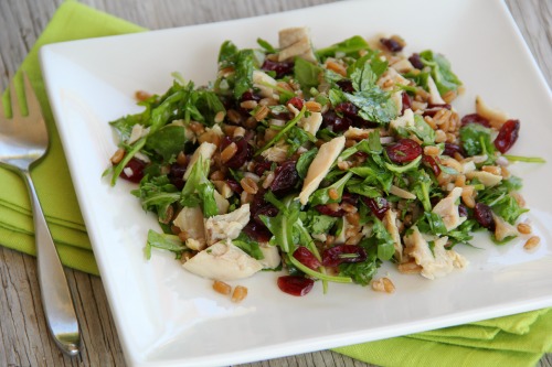Farro Chicken Cranberry Arugula Grain Salad on Shockingly Delicious