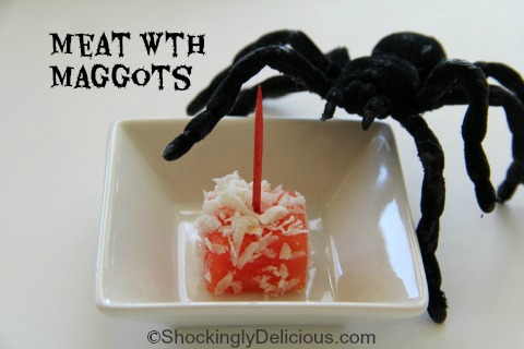 Maggots on Meat for Halloween on the blog Shockingly Delicious