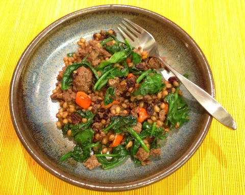 Lamb Skillet with Spelt, Spinach, Rosemary and Raisins on the blog Shockingly Delicious