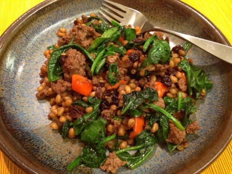 Ground Lamb Skillet with Spelt, Spinach, Rosemary and Raisins