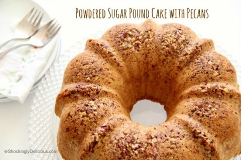 Powdered Sugar Pound Cake with Pecans | www.ShockinglyDelicious.com