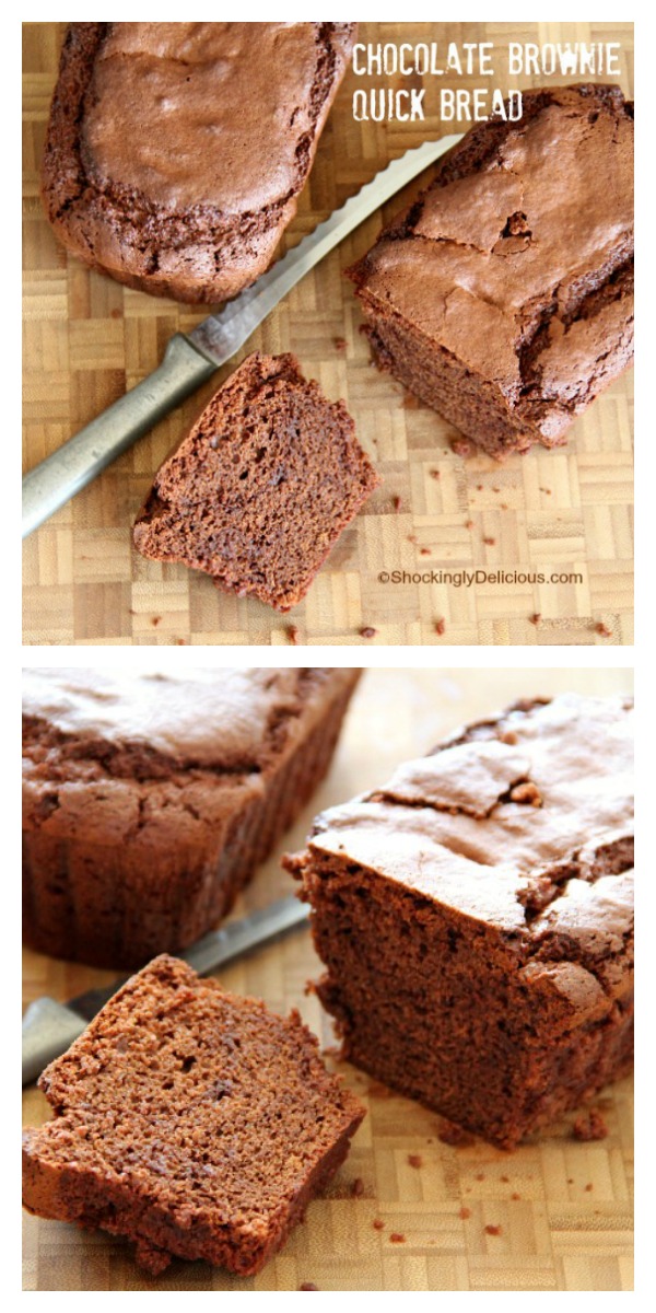 Loaf of Brownie Quick Bread on a wooden cutting board