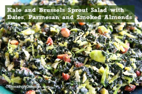 Kale and Brussels Sprout Salad with Dates, Parmesan and Smoked Almonds | www.ShockinglyDelicious.com