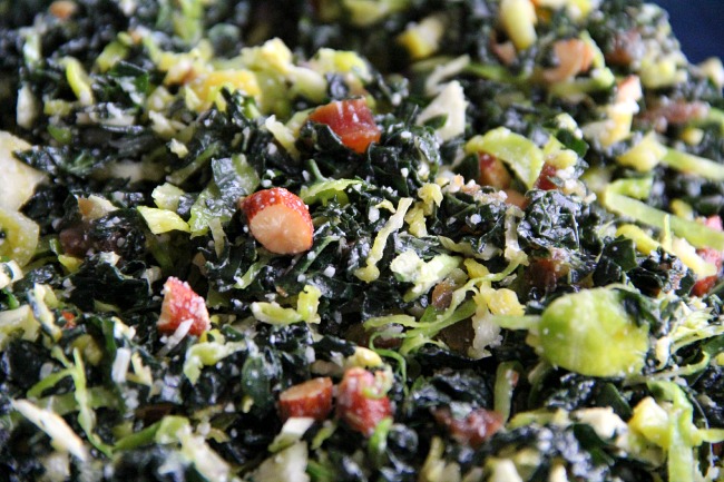 Kale and Brussels Sprout Salad with Dates, Parmesan and Smoked Almonds | ShockinglyDelicious.com