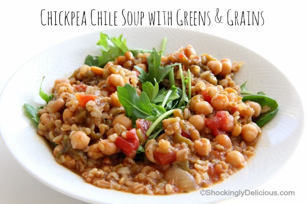 Vegan Chickpea Chile Soup with Greens and Grains | www.ShockinglyDelicious.com