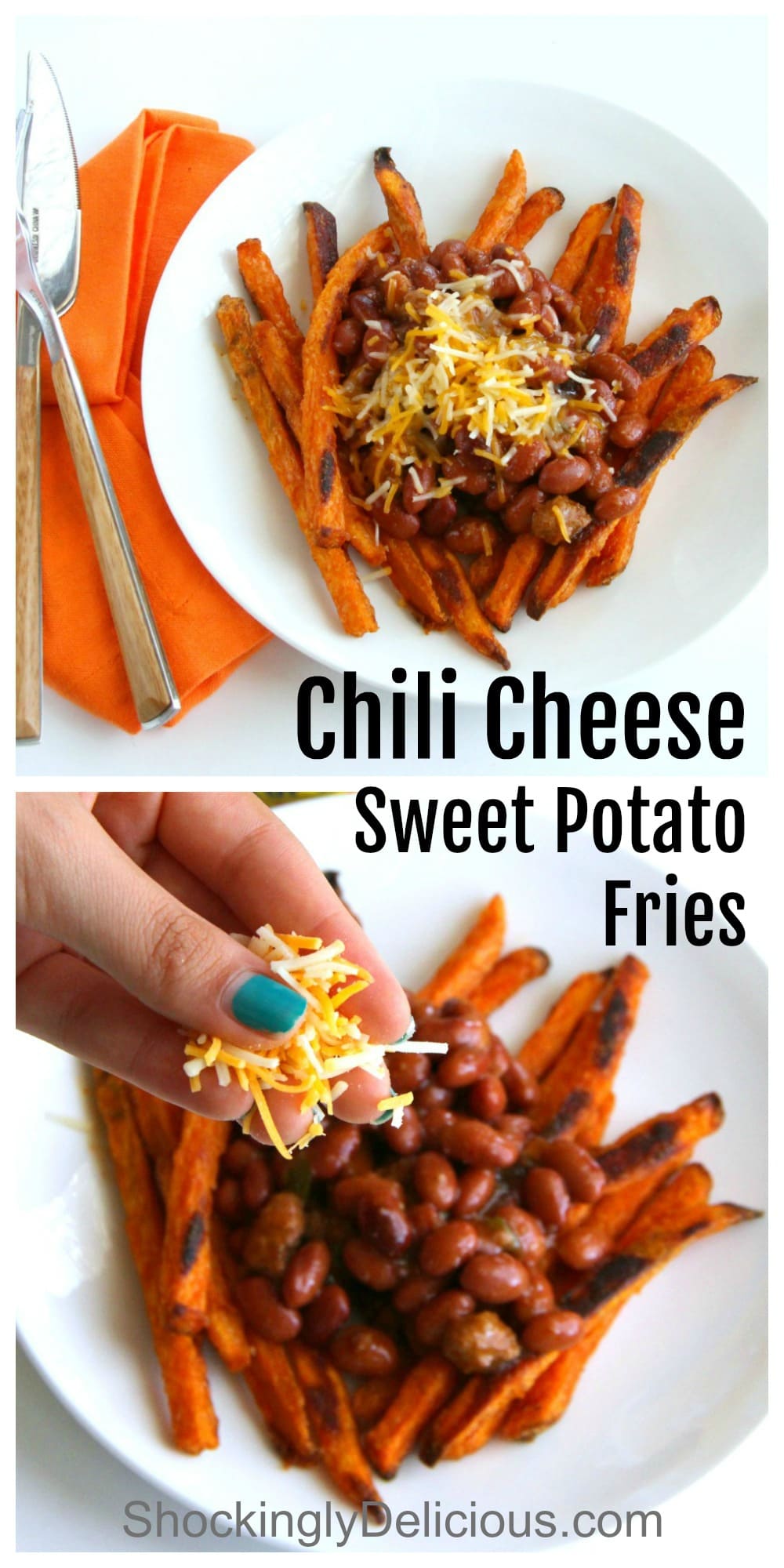 Chili Cheese Sweet Potato Fries easy recipe photo collage for Pinterest