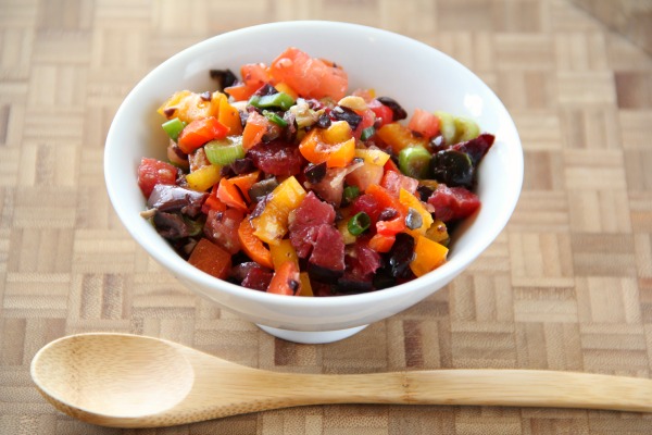 Chunky Plum Salsa Cruda: Sweet plums in season highlight this fresh, rustic chopped salsa, which works well with simple grilled fish, steak or chicken. You could also put it over cooked pasta or greens if you like!  