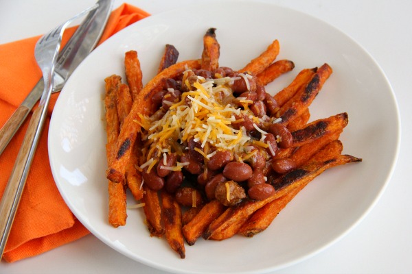 Sweet Potato Fries with Chili and Cheese | ShockinglyDelicious.com