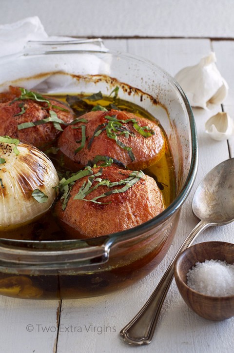 Tomatoes and Onions in Olive Oil with Fresh Basil | ShockinglyDelicious.com