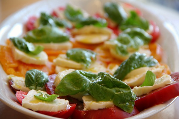 Heirloom Caprese Salad on a white platter
