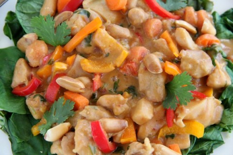 Creamy Peanut Chicken Over Greens |ShockinglyDelicious.com