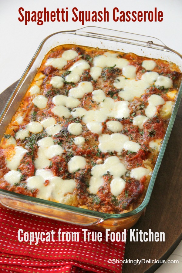 Glass rectangular dish filled with Spaghetti Squash Casserole from True Food Kitchen| ShockinglyDelicious.com