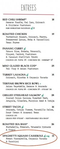 Menu from True Food Kitchen showing Spaghetti Squash Casserole circled in red