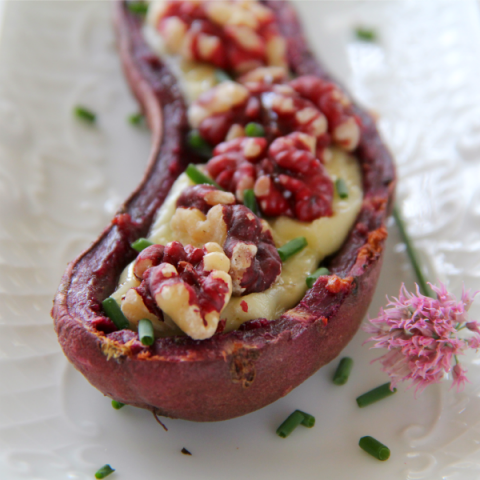 Purple Sweet Potato Skins with Brie and Sweet Walnuts