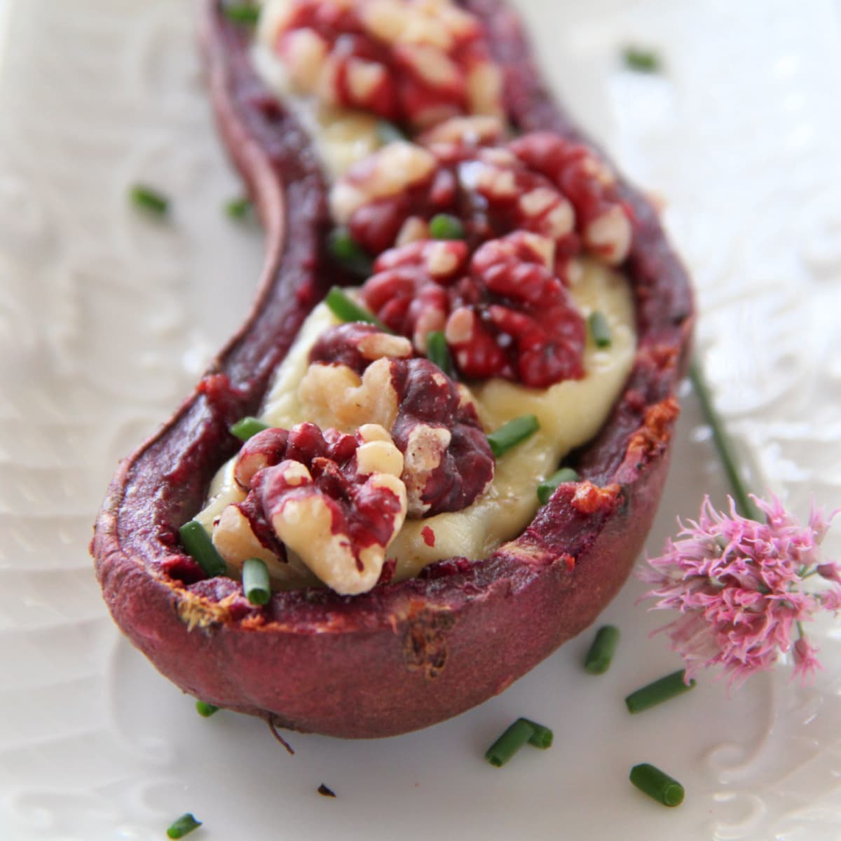 Purple Sweet Potato Skins with Brie and Sweet Walnuts | Shockingly Delicious