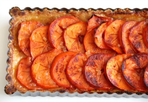 Crisp Fuyu persimmons glisten like jewels in this easy tart with a press-in crust.  Great fall-winter dessert for Thanksgiving, Christmas or a special dinner. 