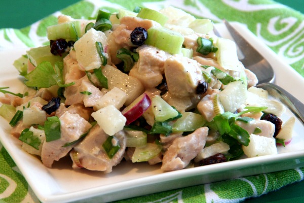 Turkey Salad with Korean Pear and Celery on a white square plate sitting on a green patterned cloth napkin ShockinglyDelicious.com