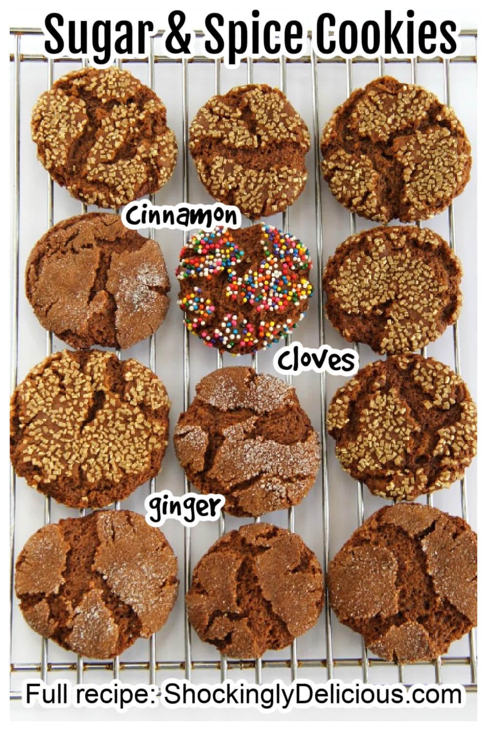 12 molasses spice cookies on a cooling rack with titles superimposed